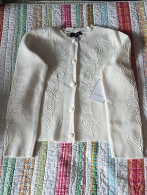 Caligraphie Embroidered Cream Crewneck Cardigan Sweater Size S